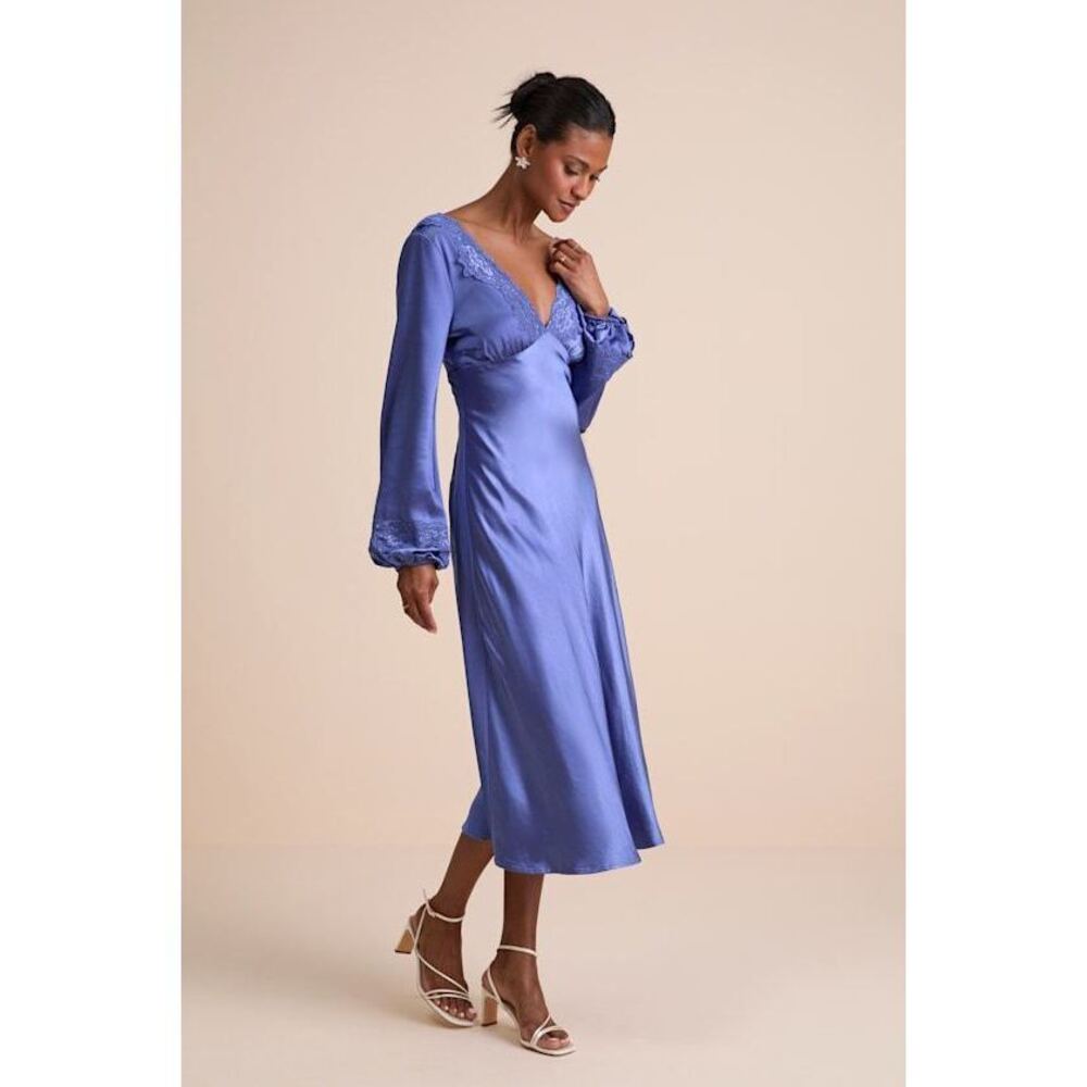 Lulus Illustrious Elegance Periwinkle Satin Long Sleeve Midi Dress Blue - Size S